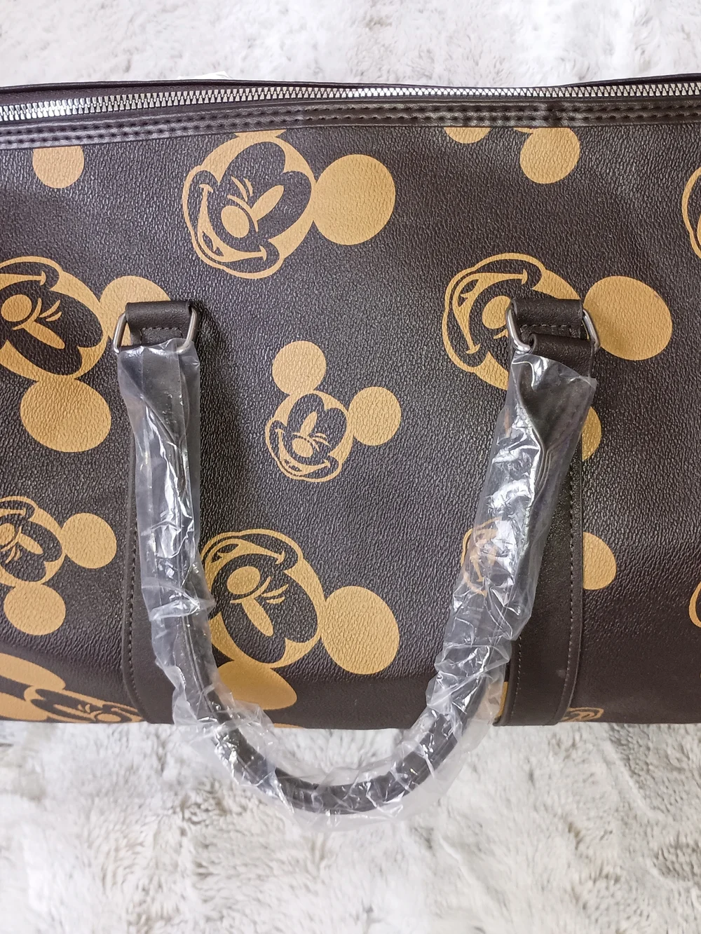 Brown Mickey Mouse Print Travel Duffle Bag
